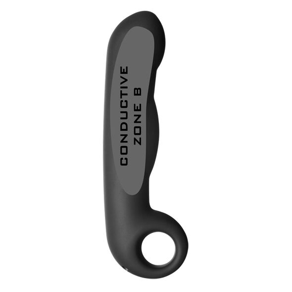 Gode Ovid en silicone noir avec zone conductrice B grisee marquee sur la tige, anneau de prehension, electrode bipolaire d'electrostimulation interne lisse Electrastim