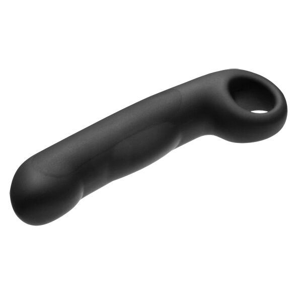 Gode Ovid en silicone noir vu en contre-plongee, fut lisse incurve et anneau, electrode bipolaire non realiste d'electrostimulation interne 125 mm insere Electrastim