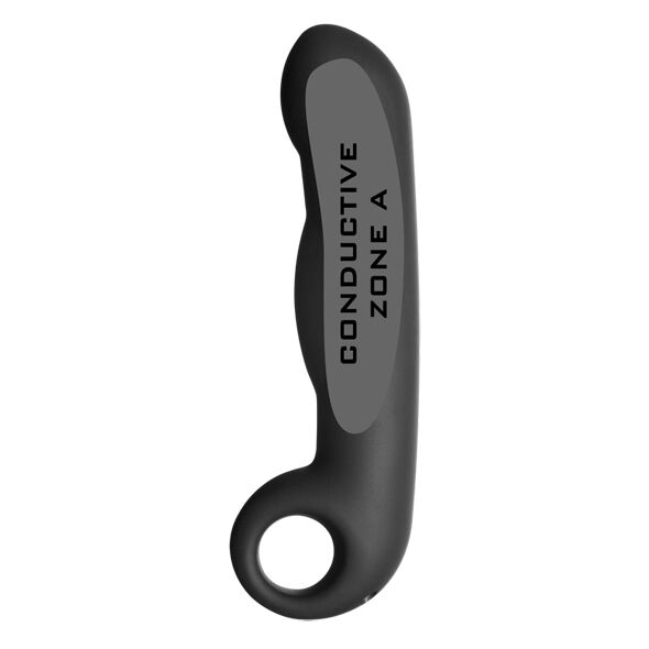 Gode Ovid en silicone noir presentant la zone conductrice A grisee, anneau de prehension, electrode bipolaire lisse d'electrostimulation interne compatible Electrastim