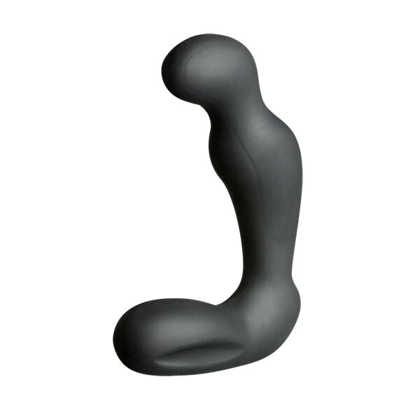 Masseur de prostate Sirius en silicone noir vu de trois quarts, courbe ergonomique et base d'appui, stimulateur quadripolaire d'electrostimulation prostatique Electrastim