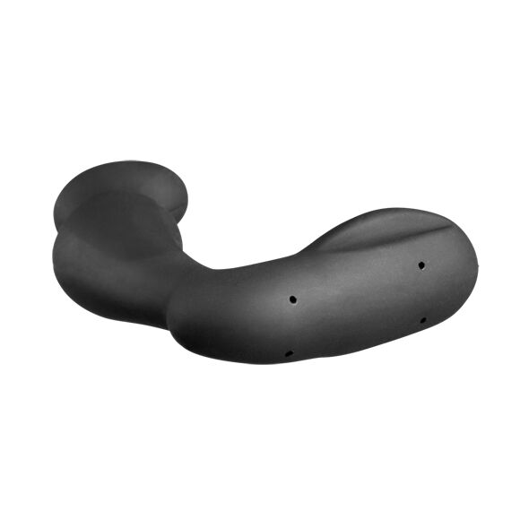 Masseur de prostate Sirius en silicone noir pose a l'horizontale, base perineale et tige courbe a points de contact, stimulateur quadripolaire d'electrostimulation interne