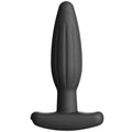 Plug anal Rocker petit en silicone noir, corps fusele a cannelures et base incurvee, electrode bipolaire d'electrostimulation interne pour jeu anal mains libres assis