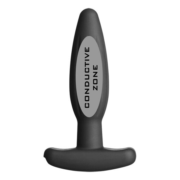 Plug anal Rocker petit en silicone noir avec zone conductrice grisee marquee, base incurvee, electrode bipolaire d'electrostimulation anale compatible stimulateurs Electrastim