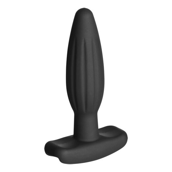 Plug anal Rocker petit en silicone noir vu de profil, pointe effilee et base courbe permettant de s'asseoir, electrode bipolaire d'electrostimulation interne Electrastim