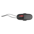 Petit boitier electrode noir relie a un cable a fiches avec ressort interne rouge visible, composant d'electrostimulation Electrastim photographie seul sur fond blanc