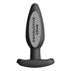 Plug anal Rocker moyen en silicone noir vu de trois quarts, zone conductrice grisee et base incurvee, electrode bipolaire d'electrostimulation interne assise Electrastim