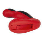 Masseur de prostate Habanero en silicone rouge vu de dessous montrant la base a bascule a fente, stimulateur prostatique d'electrostimulation Electrastim sur fond blanc