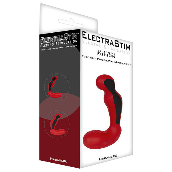 Boite du masseur de prostate Habanero Silicone Fusion presentant le stimulateur rouge et noir, emballage d'electrostimulation prostatique Electrastim sans nudite