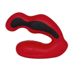 Masseur de prostate Habanero en silicone rouge et noir vu de dessus, base a bascule incurvee et zones conductrices, stimulateur prostatique d'electrostimulation Electrastim