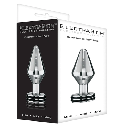 Boites ElectraStim Electro-Sex Butt Plug declinaisons Mini Midi Maxi montrant le plug metal effile, packaging du plug anal electro pour electrostimulation interne.