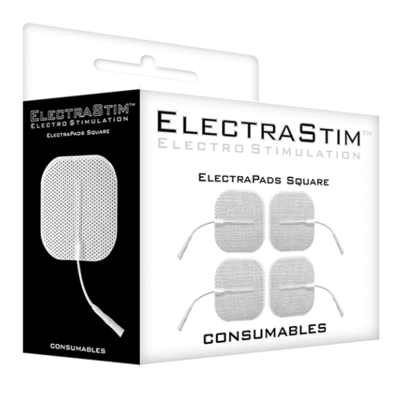 Boite ElectraPads Square ElectraStim illustrant les quatre tampons adhesifs conducteurs carres, consommables unipolaires pour electrostimulation externe compatibles.