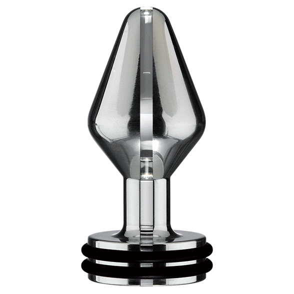 Mini plug anal ElectraStim en metal effile a reflet transparent avec bagues noires, plug electro bipolaire compact pour debuter l'electrostimulation anale interne.
