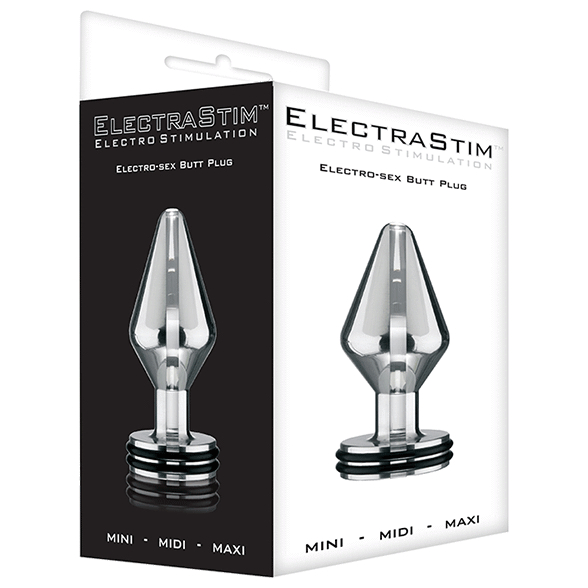 Boites ElectraStim Electro-Sex Butt Plug Mini Midi Maxi illustrant le plug metal effile, packaging du plug anal electro bipolaire pour electrostimulation interne.