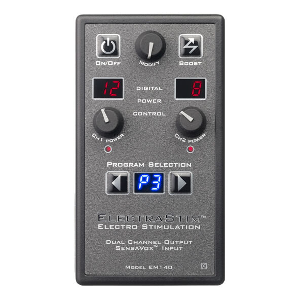 Boîtier d'électrostimulation double canal pilotable au son S — vue de profil