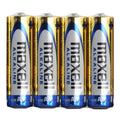 Quatre piles AA LR6 alcalines Maxell habillage noir et dore alignees, tension 1,5 V pour alimenter vibromasseurs et accessoires intimes sur piles, blister de 4 unites.
