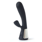 Vibrateur Fuse rabbit noir de profil, tige incurvee et branche clitoridienne en silicone, base ABS chromee a commande tactile, double stimulation Bluetooth rechargeable 18 cm.