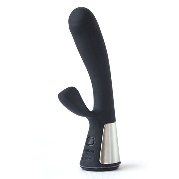 Vibrateur Fuse rabbit noir de profil, tige incurvee et branche clitoridienne en silicone, base ABS chromee a commande tactile, double stimulation Bluetooth rechargeable 18 cm.