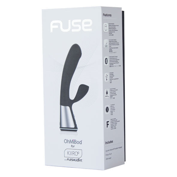 Boite Fuse OhMiBod for Kiiroo presentant le vibrateur rabbit noir, double stimulation en silicone et ABS, liste de fonctions Bluetooth, rechargeable USB pour solo ou couple.