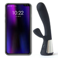 Vibrateur Fuse rabbit double stimulation noir a cote d'un smartphone, silicone et ABS, branche de clitoris et tige point G, Bluetooth bidirectionnel rechargeable 18 cm.