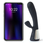 Vibrateur Fuse rabbit double stimulation noir a cote d'un smartphone, silicone et ABS, branche de clitoris et tige point G, Bluetooth bidirectionnel rechargeable 18 cm.