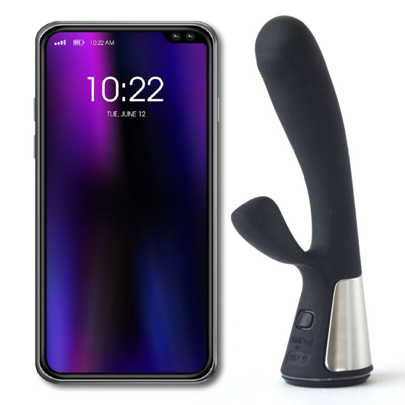 Vibrateur Fuse rabbit double stimulation noir a cote d'un smartphone, silicone et ABS, branche de clitoris et tige point G, Bluetooth bidirectionnel rechargeable 18 cm.