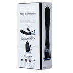 Boite Fuse Connect With montrant le vibrateur rabbit double stimulation, base chromee a bouton, compatibilite Launch et appareils interactifs, Bluetooth rechargeable USB.