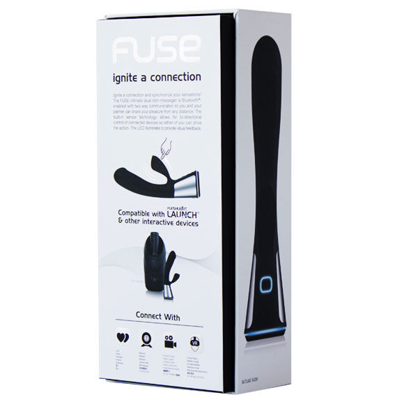 Boite Fuse Connect With montrant le vibrateur rabbit double stimulation, base chromee a bouton, compatibilite Launch et appareils interactifs, Bluetooth rechargeable USB.