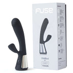 Vibrateur Fuse rabbit noir devant sa boite OhMiBod for Kiiroo, tige point G et branche clitoridienne silicone, double stimulation tactile Bluetooth rechargeable 18 cm.