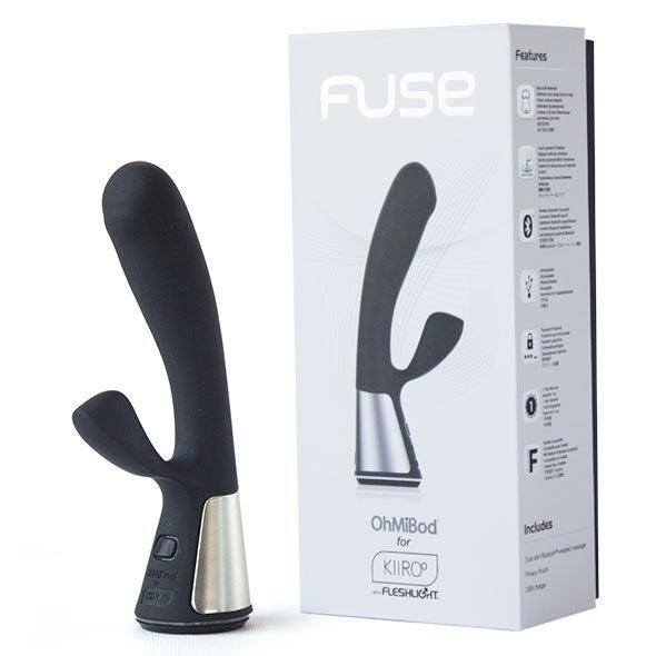 Vibrateur Fuse rabbit noir devant sa boite OhMiBod for Kiiroo, tige point G et branche clitoridienne silicone, double stimulation tactile Bluetooth rechargeable 18 cm.