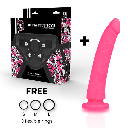 Boite harnais Delta Club Toys avec anneaux offerts et dong rose fuchsia en silicone a gland et ventouse, composition du pack gode-ceinture colore.
