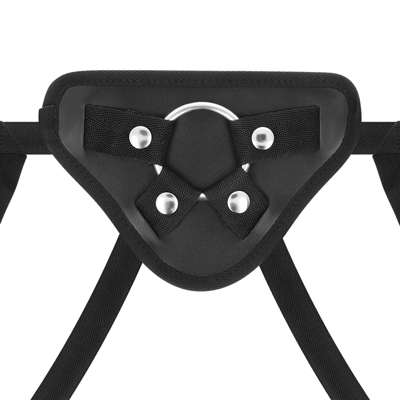 Harnais gode-ceinture noir ajustable presente a plat, plaque centrale a oeillet metallique et sangles cuisses elastiques, accessoire du pack Delta Club.