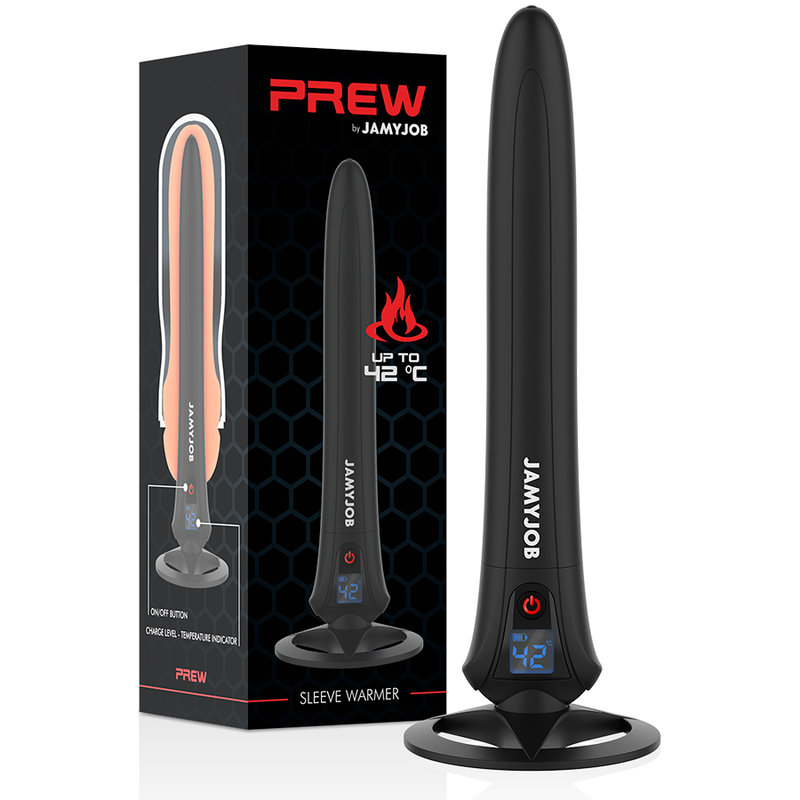 Emballage du PREW by Jamyjob a cote de l'appareil noir sur son support, affichage 42°C