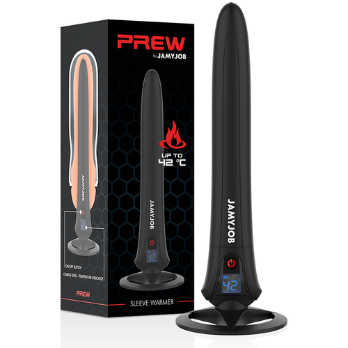 Emballage du PREW by Jamyjob a cote de l'appareil noir sur son support, affichage 42°C