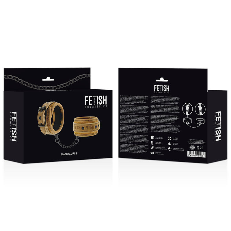 Boites Fetish Submissive presentant les menottes Handcuffs en cuir vegan camel et leur chaine, packaging de la paire d'entraves de poignets pour le bondage.