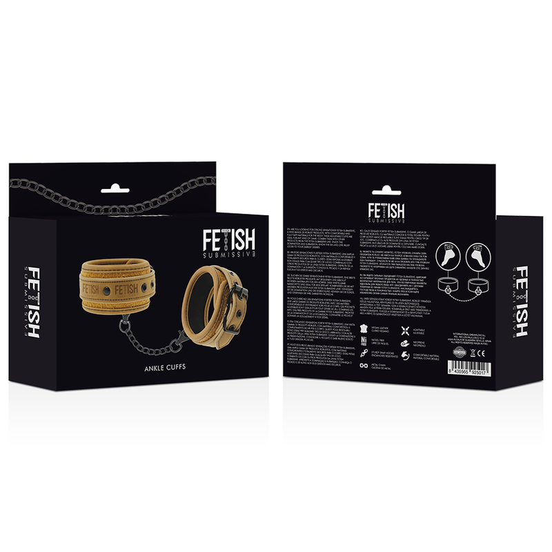Boite Fetish Submissive Ankle Cuffs presentant les menottes de cheville en cuir vegan camel et leur chaine, packaging de la paire d'entraves larges pour le bondage.