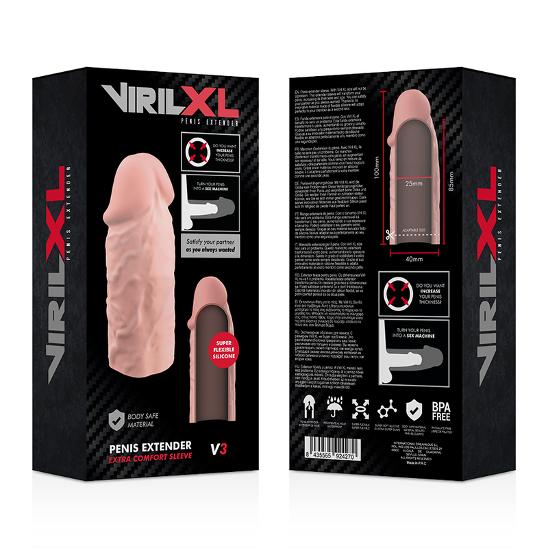 Recto verso de l'emballage VirilXL Penis Extender V3, gaine penienne silicone medical chair illustree avec pictogrammes body safe et sans BPA.
