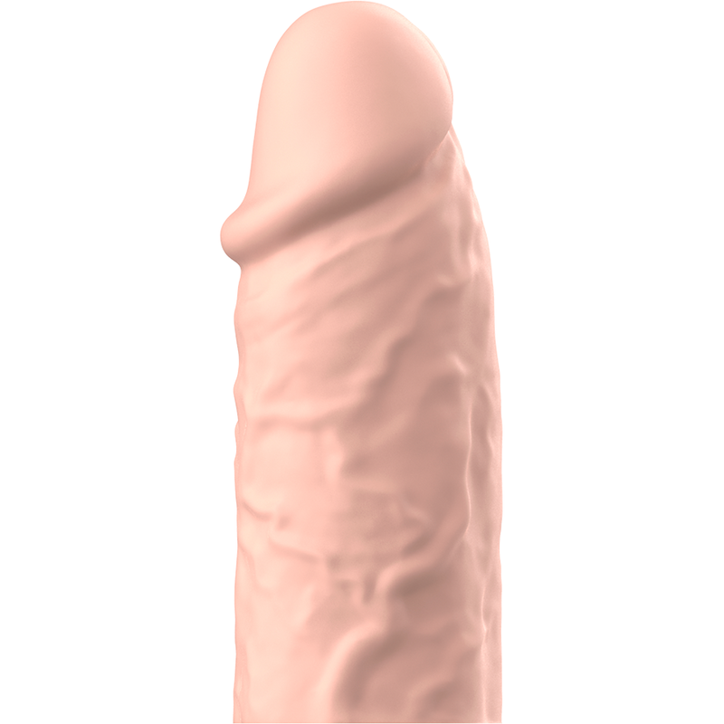Profil oppose du manchon penien VirilXL en silicone medical teinte chair, gland et veines realistes, longueur insérable 8,5 cm pour un effet seconde peau.