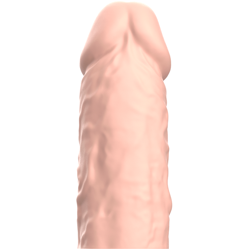 Vue de trois quarts du manchon penien VirilXL en silicone medical teinte chair, gland realiste et fut veine, gaine souple augmentant l'epaisseur de 33%.