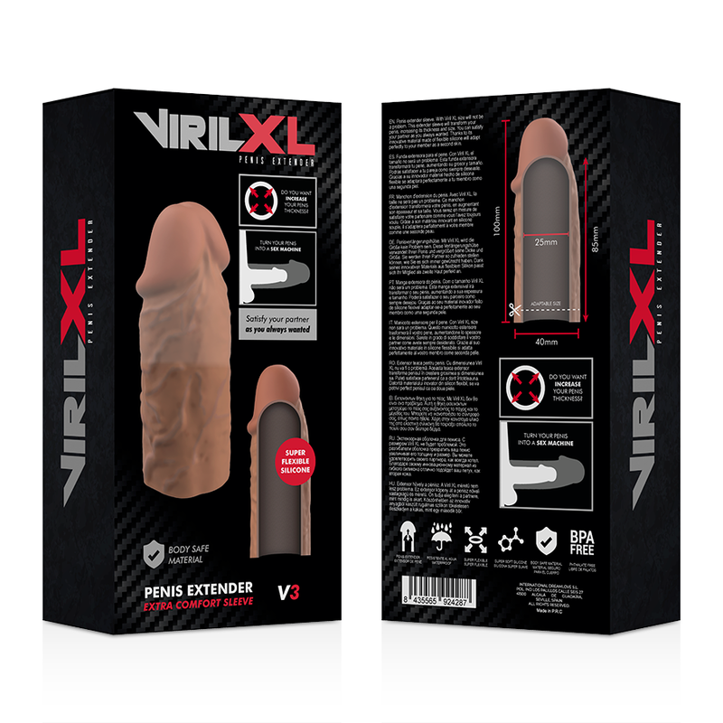 Recto verso de l'emballage VirilXL Penis Extender V3 teinte caramel, gaine penienne silicone medical illustree avec pictogrammes body safe et sans BPA.