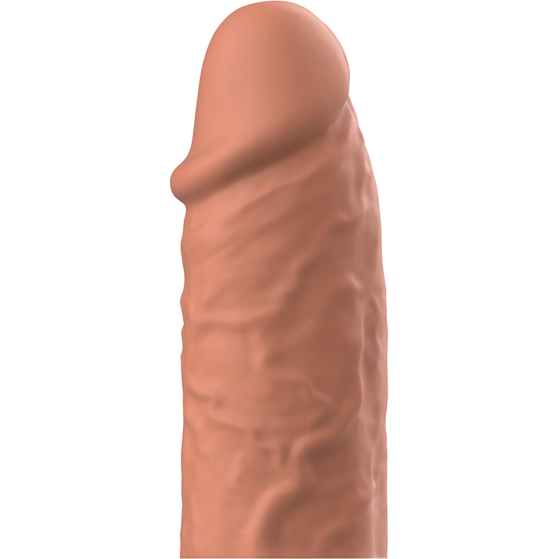Vue de trois quarts de l'extension penienne VirilXL silicone medical caramel, gland realiste et fut veine, gaine souple ajustable a la plupart des tailles.