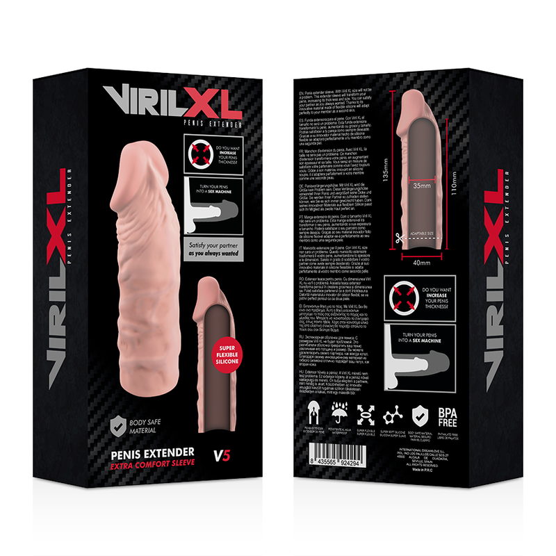 Recto verso de l'emballage VirilXL Penis Extender V5, extension penienne silicone medical chair illustree avec pictogrammes body safe et sans BPA.