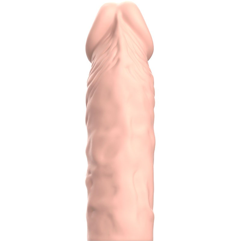 Gros plan frontal sur le gland de l'extension penienne VirilXL silicone ultra-souple chair, rendu naturel lisse, manchon discret seconde peau.