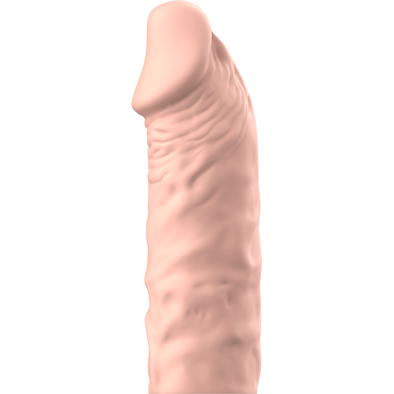 Vue de trois quarts de l'extension penienne VirilXL silicone medical chair, gland realiste incline et fut veine, gaine souple s'adaptant a la taille.