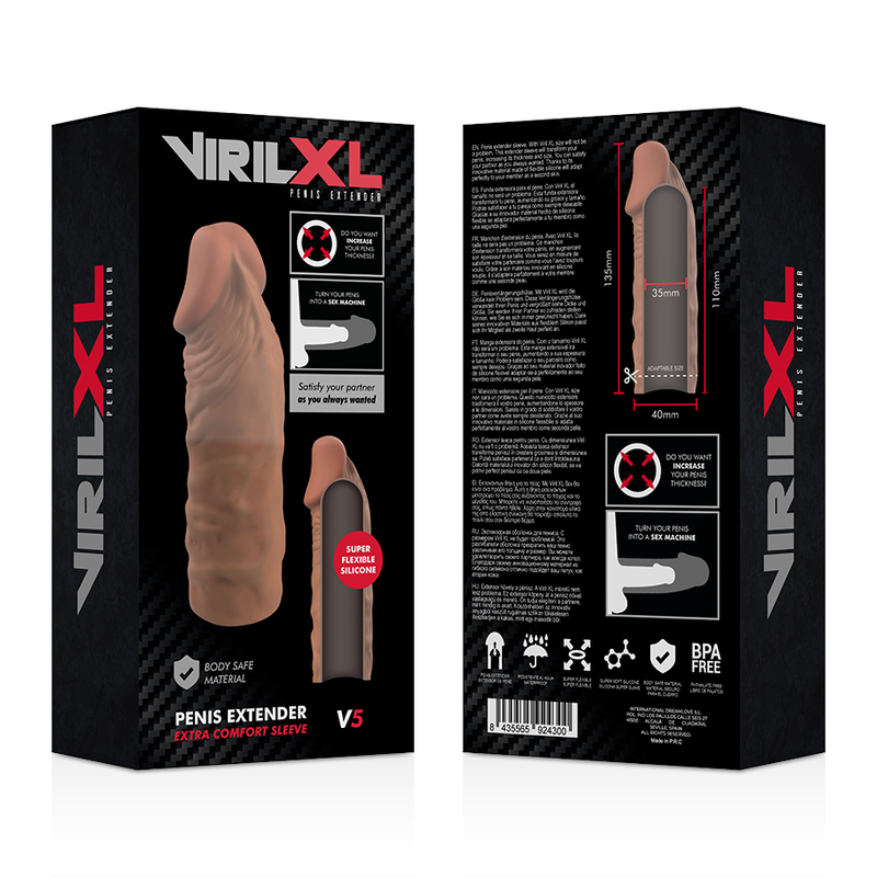 Recto verso de l'emballage VirilXL Penis Extender V5 teinte marron, gaine penienne silicone souple illustree avec pictogrammes body safe et sans BPA.