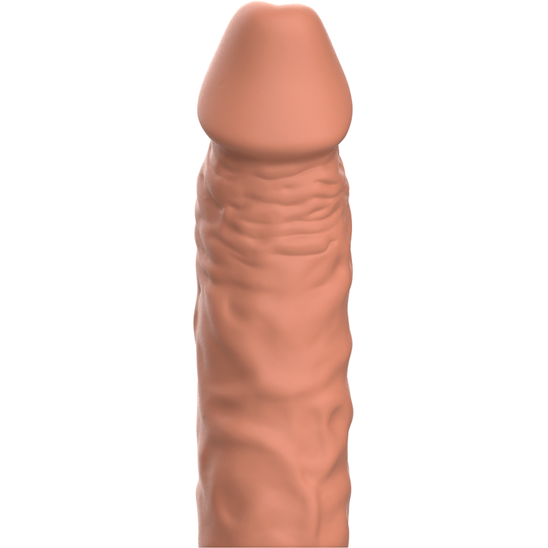 Gros plan frontal sur le gland de la gaine d'extension penienne VirilXL silicone souple marron, rendu naturel lisse, effet seconde peau discret.