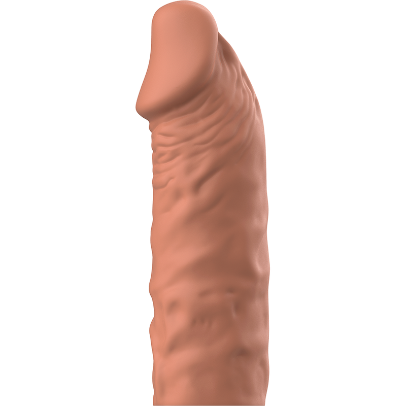 Vue de trois quarts de la gaine d'extension penienne VirilXL silicone marron, gland realiste incline et fut veine, gaine souple decoupable sur mesure.