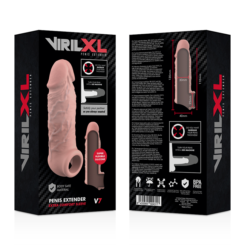 Recto verso de l'emballage VirilXL Penis Extender V7, gaine penienne silicone chair a sangle illustree avec pictogrammes body safe et sans BPA.