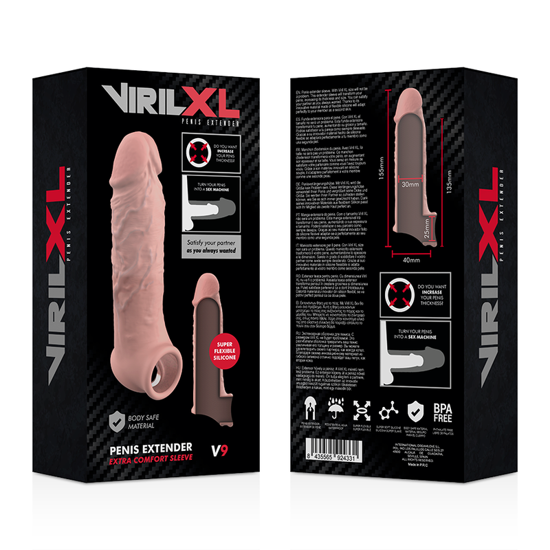 Recto verso de l'emballage VirilXL Penis Extender V9, gaine penienne epaississante silicone chair a anneau illustree avec pictogrammes body safe.