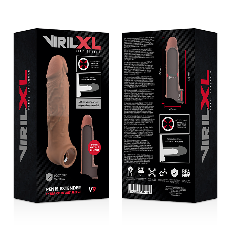 Recto verso de l'emballage VirilXL Penis Extender V9 teinte marron, gaine penienne silicone a anneau illustree avec pictogrammes body safe et sans BPA.