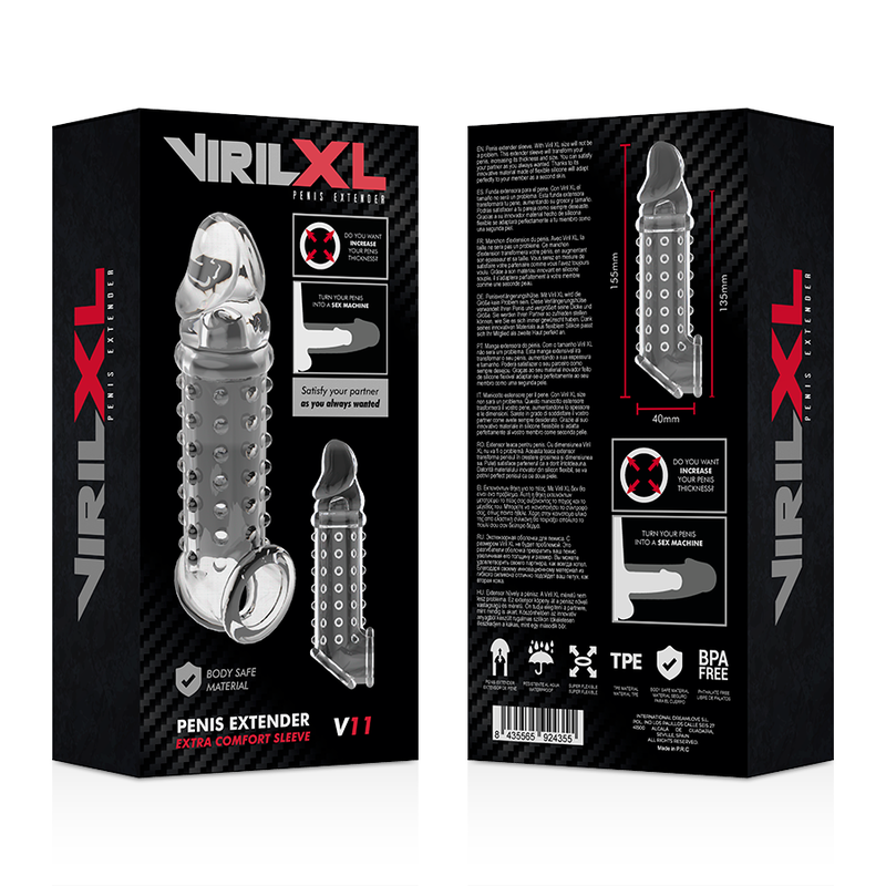 Recto verso de l'emballage VirilXL Penis Extender V11 en TPE, gaine penienne transparente cloutee illustree avec pictogrammes body safe et sans BPA.